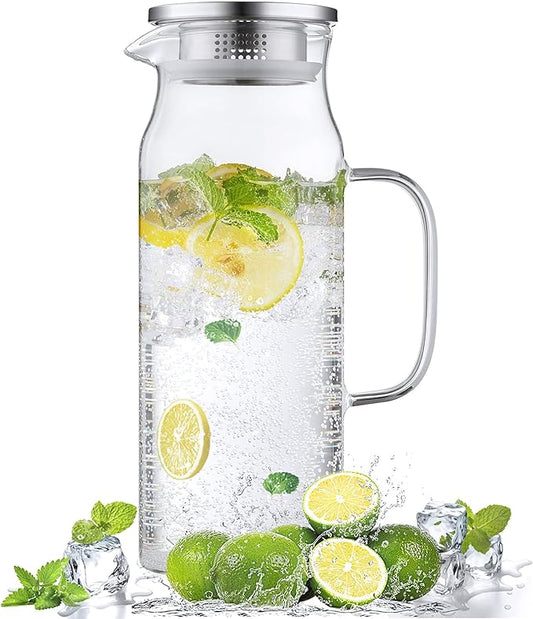Bivvclaz 1.6 Liter 54 oz Glass Pitcher with Lid and Handle, Glass Carafe Water Pitcher for Hot/Cold Water, Iced Tea, Drinks, Coffee, Juice and Homemade Beverage by Bivvclaz