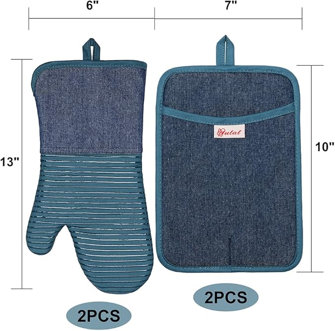 Yutat Oven Mitts, Pot Holders Set of 4 Made with Pure Cotton and Food Grade Non-Slip Silicone - 500 F Heat Resistant Oven Mitts and Pot Holders Sets for Kitchen Cooking (4pcs Set, Pc Blue and Denim) - Image 2
