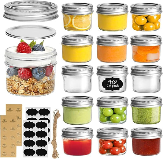 ComSaf Mini Mason Jars Bulk 4oz 16PCS, Regular Mouth Mason Jar with Lids and Seal Bands, Small Glass Canning Jar for Spice, Jam, Honey, Jelly, Dessert, Shower Wedding Favors, DIY Candles Decor by ComSaf