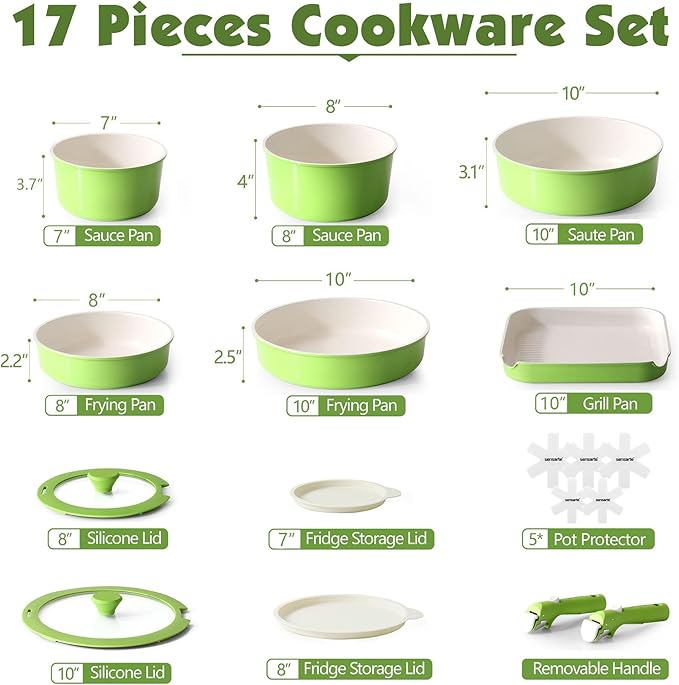 SENSARTE 17 Piece Ceramic Pots and Pans Set, Nonstick Detachable Handle Cookware, Induction Kitchen Cookware Set with Removable Handle, Dishwasher ＆ Oven Safe (Green) - Image 2