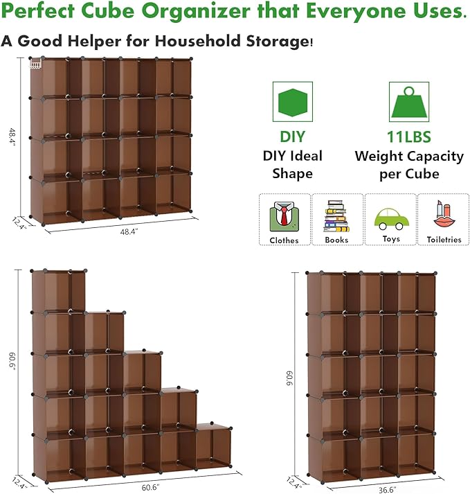 C&AHOME 16-Cube Storage Organizer, Plastic Shelves Units, DIY Closet Organizer, Modular Shelves Ideal for Home, Bedroom, 48.4" L 12.4" W 48.4" H Brown UPCS16C - Image 5