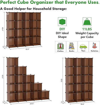 C&AHOME 16-Cube Storage Organizer, Plastic Shelves Units, DIY Closet Organizer, Modular Shelves Ideal for Home, Bedroom, 48.4" L 12.4" W 48.4" H Brown UPCS16C - Image 5