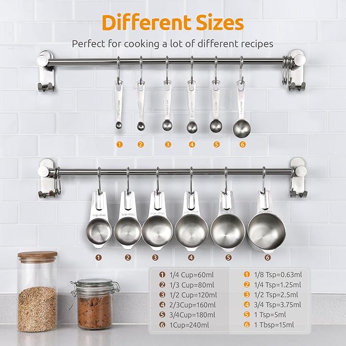 Measuring Cups and Spoons 12 Pieces: U-Taste 18/8 Stainless Steel Kitchen Metal Measure Gadgets, Heavy Duty Stackable Portion Teaspoon Tablespoon Scoop for Baking Cooking Dry & Liquid Food Ingredient - Image 2