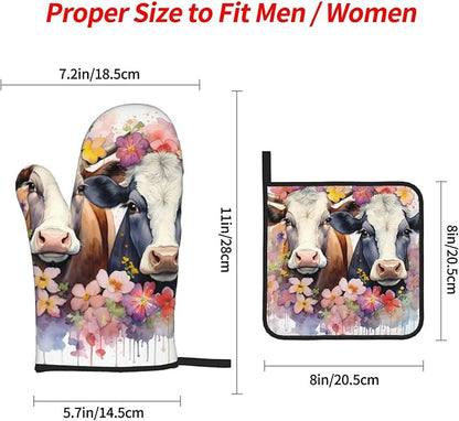 Watercolor Cows Oven Mitts and Pot Holders Sets Daisy Flower Kitchen Oven Gloves Heat Resistant 500 Degrees Oven Mitt and Hot Pad for Cooking BBQ Baking Grilling - Image 3