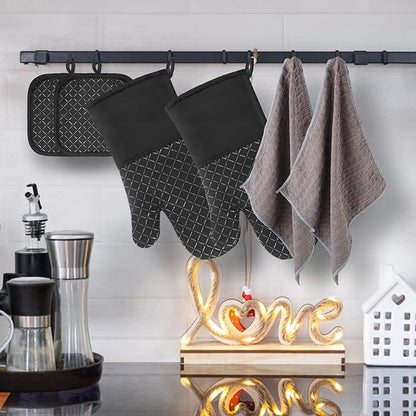 Philorn Oven Mitts and Pot Holders 6pcs, Kitchen Oven Glove High Heat Resistant 500℉ Extra Long Oven Mitts and Potholder with Non-Slip Silicone Surface for Baking, Cooking, BBQ (Black)