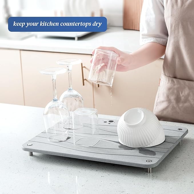 Stone Drying Mat for Kitchen Counter, Diatomaceous Dish Drying Mats Superb Absorbent with Non-Slip Stainless Steel Feet for Dishes, Bottles and more, 15.7"(L)×11.8"(W), Light Grey Square - Image 2