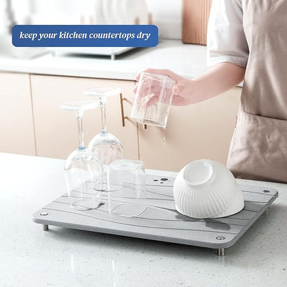 Stone Drying Mat for Kitchen Counter, Diatomaceous Dish Drying Mats Superb Absorbent with Non-Slip Stainless Steel Feet for Dishes, Bottles and more, 15.7"(L)×11.8"(W), Light Grey Square - Image 2