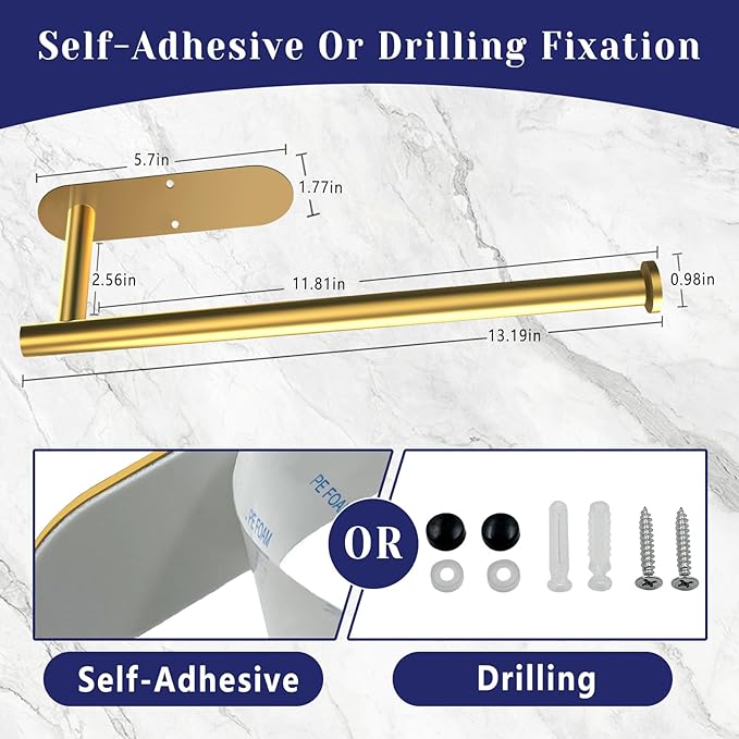 Paper Towel Holder, Self Adhesive or Drilling Paper Towel Holder Under Cabinet, Stainless Steel Paper Towel Holders Wall Mount for Kitchen, Bathroom, Sink, Pantry, Fridge (Gold) - Image 6