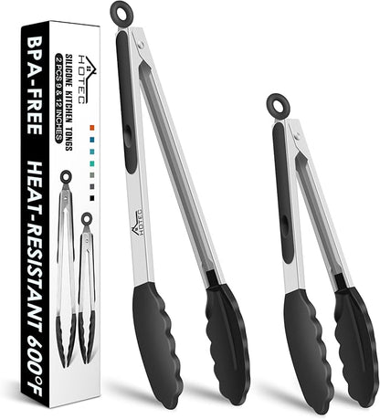 HOTEC Premium Stainless Steel Locking Kitchen Tongs with Silicon Tips, Set of 2-9" and 12" by Hotec