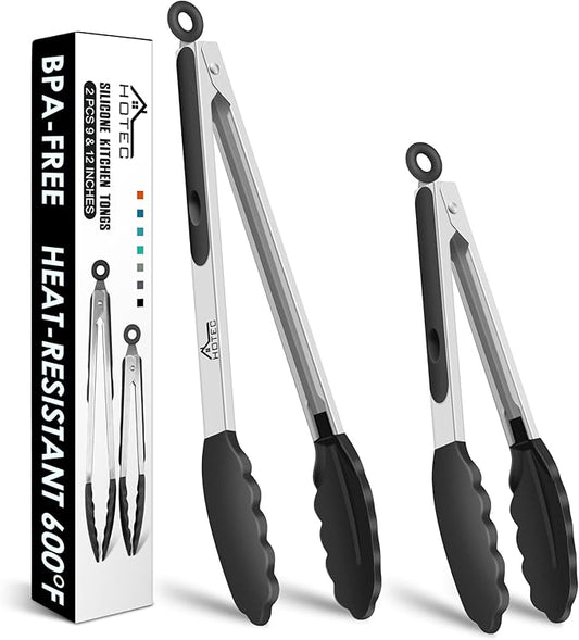 HOTEC Premium Stainless Steel Locking Kitchen Tongs with Silicon Tips, Set of 2-9" and 12" by Hotec