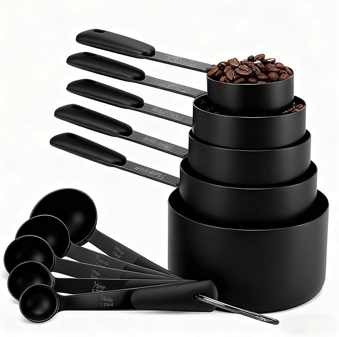 Bopei Measuring Cups and Spoons Set, Titanium-Plated Matte Black Stainless Steel 10 Piece for Cooking and Baking (5 Cups + 5 Spoons All Black) by Bopei