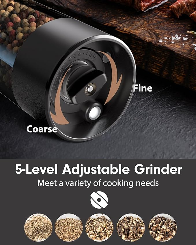 Upgraded Larger Capacity Electric Salt and Pepper Grinder Set Rechargeable with LED lights, Stainless Steel Automatic Pepper and Salt Grinder Refillable with 5 Adjustable Coarseness Black - White - Image 4