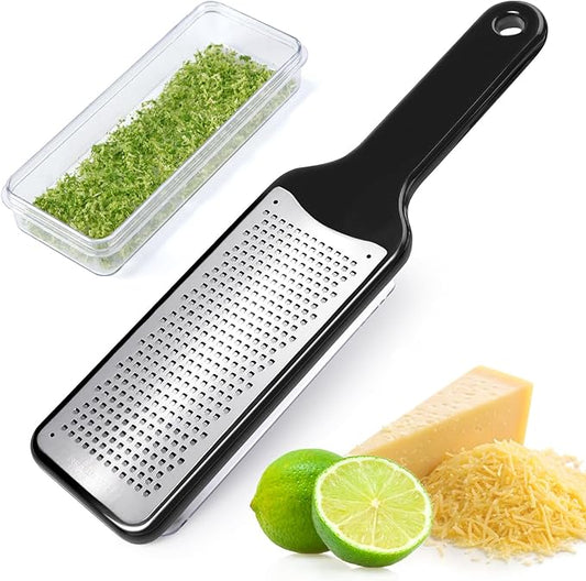 LHS Citrus Lemon Zester & Cheese Grater with Container - Zester Grater with Handle for Parmesan Cheese, Ginger, Garlic, Nutmeg, Chocolate, Fruits, with Anti-Slip Base, Dishwasher Safe