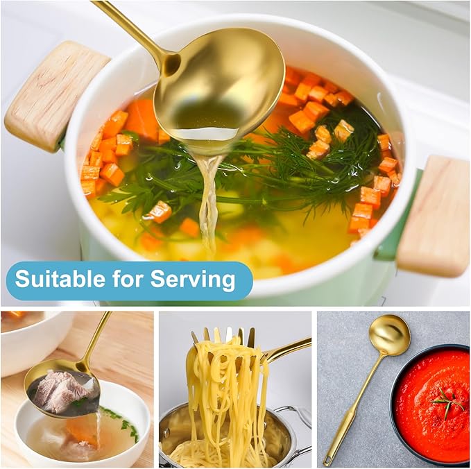 Gold Soup Ladle - Stainless Steel Ladle Spoon, 13.8"Large Soup Spoons [Integral Forming, Heat Resistance] Kitchen Metal Ladel for Cooking, Serving, Stirring, Canning，Sauce, Wok & Soup, Christmas Gifts - Image 6