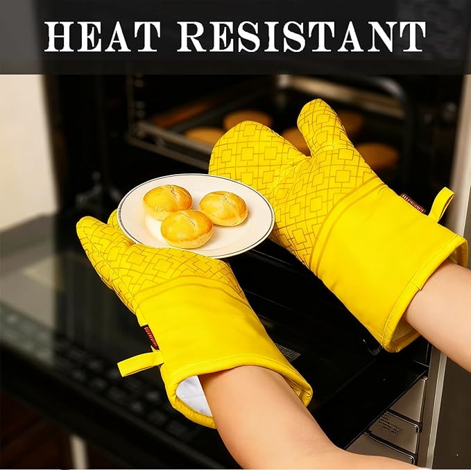 Oven Mitts and Pot Holders Sets 6pcs, Kitchen Oven Glove,High Heat Resistant 550 Degree Extra Long Oven Mitts and Potholders with Non-Slip Silicone Surface for Home Essentials (Grey) (Yellow) - Image 4