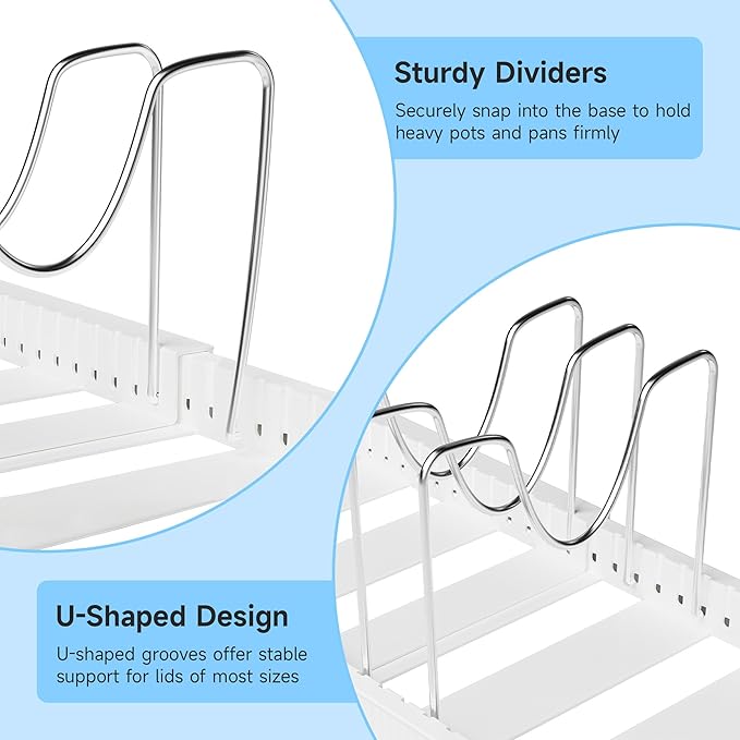 MUDEELA Pot Lid Organizer Rack for Cabinet, Expandable Pots and Pans Organizer under Cabinet with 12 Adjustable Dividers, Pan Organizers Holder inside Cabinet for Cutting Boards, Baking Sheets, White - Image 6