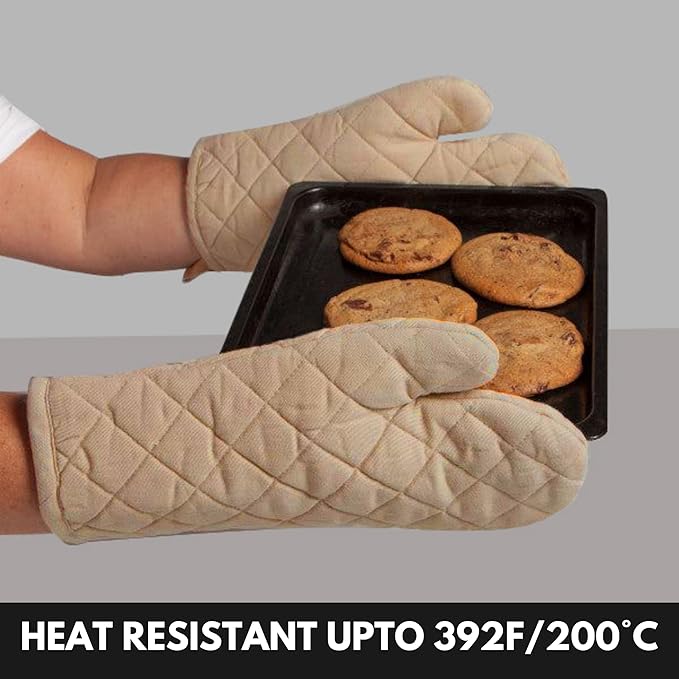 Oven Mitt (7"x13") & Pot Holder (8"x8") 100% Cotton Set of Heat Resistant Oven Gloves & Hot Pads for Gifts, BBQ, Cooking, Baking, Thanksgiving - Beige