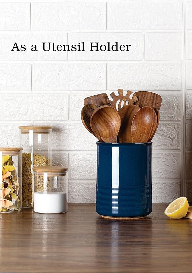 ABRUTY Utensil Holder, 6.7" Ceramic Kitchen Utensil Crock for Countertop Cooking, Modern Utensil Caddy Jar Organizer for Farmhouse Kitchen Counter Décor, Flambe Blue - Image 3