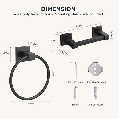 FORIOUS Toilet Paper Holder Wall Mount and Hand Towel Ring Set, SUS 304 Stainless Steel Double Post Pivoting Tissue Roll Holder, Modern Bathroom Hardware Accessories Set, Matte Black