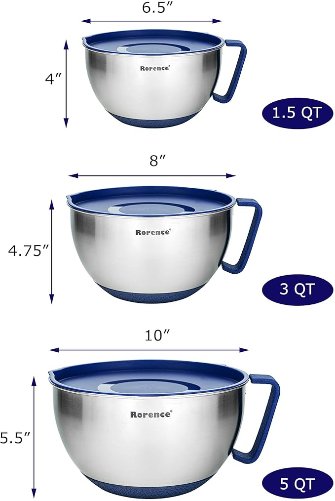 Rorence Mixing Bowls Set: Stainless Steel Non-Slip Bowls with Pour Spout, Handle and Lid - Set of 3 - Blue - Image 2