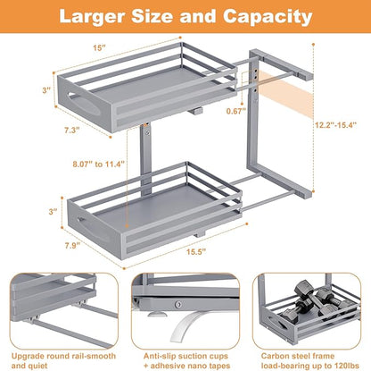 Under Sink Organizer, 2 Tier Under Sink Organizers and Storage, Adjustable Height, Slide out Metal Cabinet Organizers, Pull out Cabinet Storage Drawer Shelf for Kitchen Bathroom (Gray, 1 Pack) - Image 3
