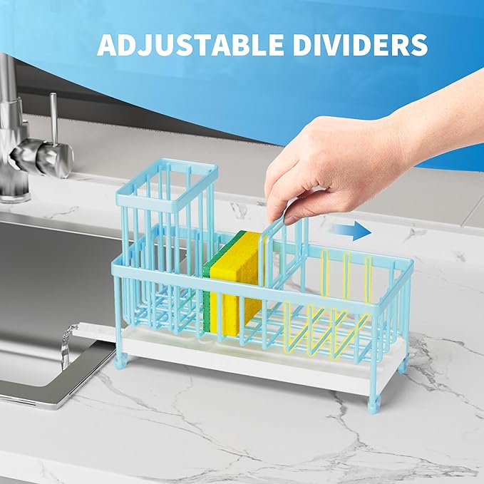 Cisily Sponge Holder for Kitchen Sink, Sink Caddy Organizer with High Brush Holder, Kitchen Countertop Organizers and Storage Essentials, Rustproof 304 Stainless Steel (Blue, 9.25″) - Image 4