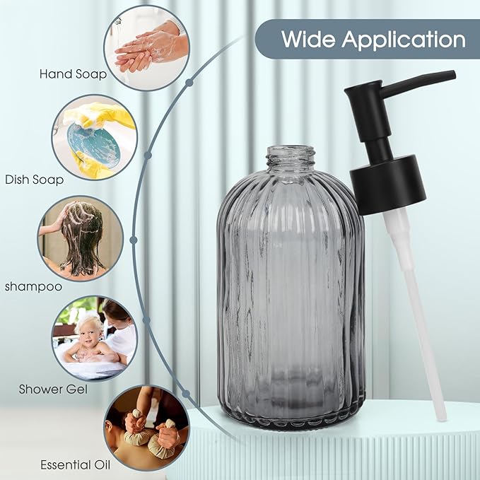 Topsky Glass Soap Dispenser with Plastic Pump, 400ml Liquid Hand Soap Dispenser, Rustproof Pump for Kitchen & Bathroom, Great for Lotions, Essential Oil, Liquid Soaps,Gray - Image 6