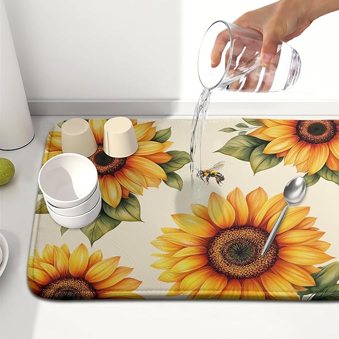 Spring Summer Dish Drying Mat 16x18 Inch Absorbent Reversible Sunflower Drying Mat Sunflower Bee Dish Drying Rack Mat Yellow Summer Themed Dish Drainer Mat for Kitchen Counter Coffee Bar