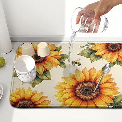 Spring Summer Dish Drying Mat 16x18 Inch Absorbent Reversible Sunflower Drying Mat Sunflower Bee Dish Drying Rack Mat Yellow Summer Themed Dish Drainer Mat for Kitchen Counter Coffee Bar