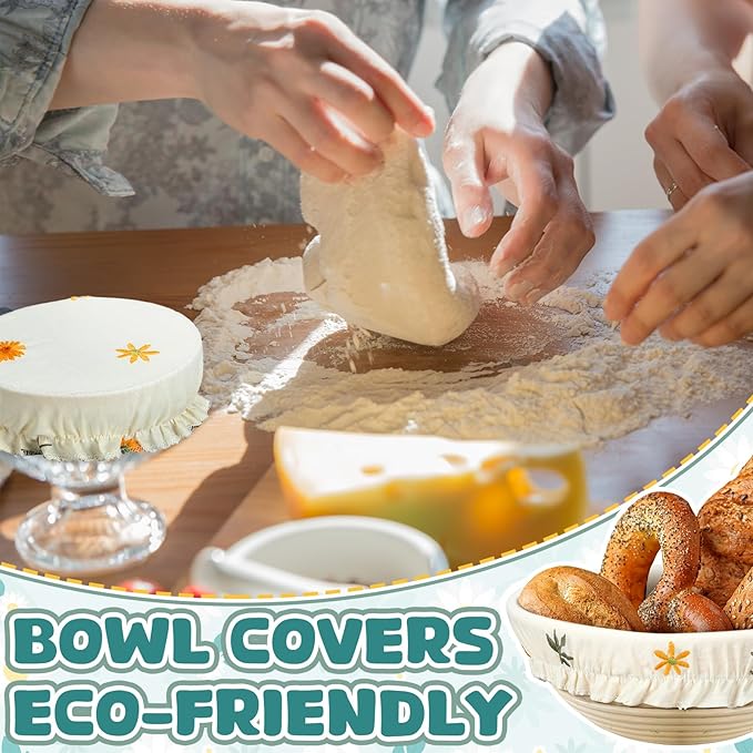 Patelai 10 Pcs Bowl Covers Reusable in 5 Size Stretch Cloth Fabric Elastic Food Storage Bowl Covers Bread Sourdough Lids for Proofing Food Fruits Leftover(Yellow, Green, White,Embroidery Daisy) - Image 2