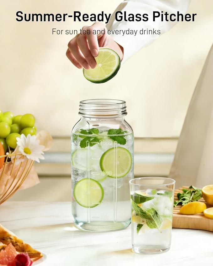 64 oz Glass Pitcher with Lid, Large Wide Mouth Mason Jar with Pour Spout, White Sun Tea Glass Jar for Outside, Breastmilk Pitcher Great for Drink, Cold Beverages and Breast Milk - Image 6