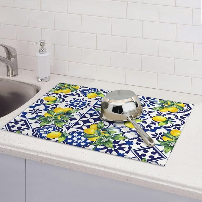 Lemon Mexican Tilt Dish Drying Mat For Kitchen Counter Absorbent Large Kitchen Fast Dry Pad Reusable Washable Protector Rack Large Mat 18 X 24
