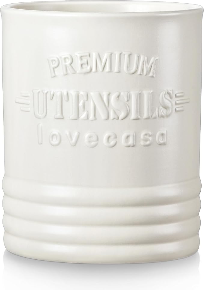 LOVECASA Vintage Utensil Holder for Kitchen Countertop, 7.2” Large Ceramic Utensil Crock for Home Décor, Farmhouse Utensil Vase for Housewarming, Wedding, Birthday Gift - Cream White by LOVECASA