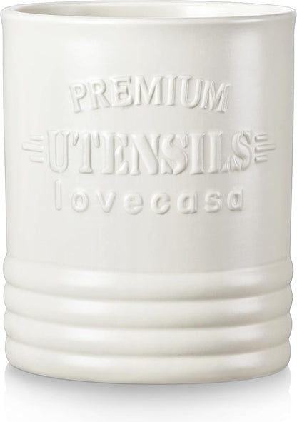 LOVECASA Vintage Utensil Holder for Kitchen Countertop, 7.2” Large Ceramic Utensil Crock for Home Décor, Farmhouse Utensil Vase for Housewarming, Wedding, Birthday Gift - Cream White by LOVECASA