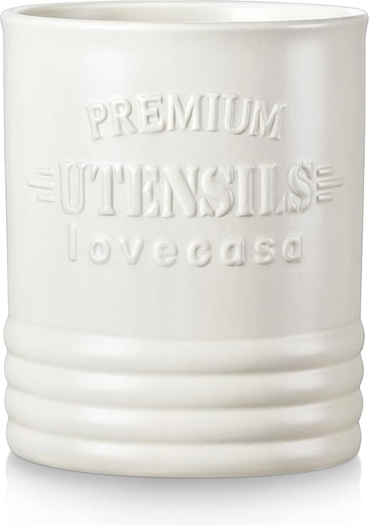 LOVECASA Vintage Utensil Holder for Kitchen Countertop, 7.2” Large Ceramic Utensil Crock for Home Décor, Farmhouse Utensil Vase for Housewarming, Wedding, Birthday Gift - Cream White by LOVECASA