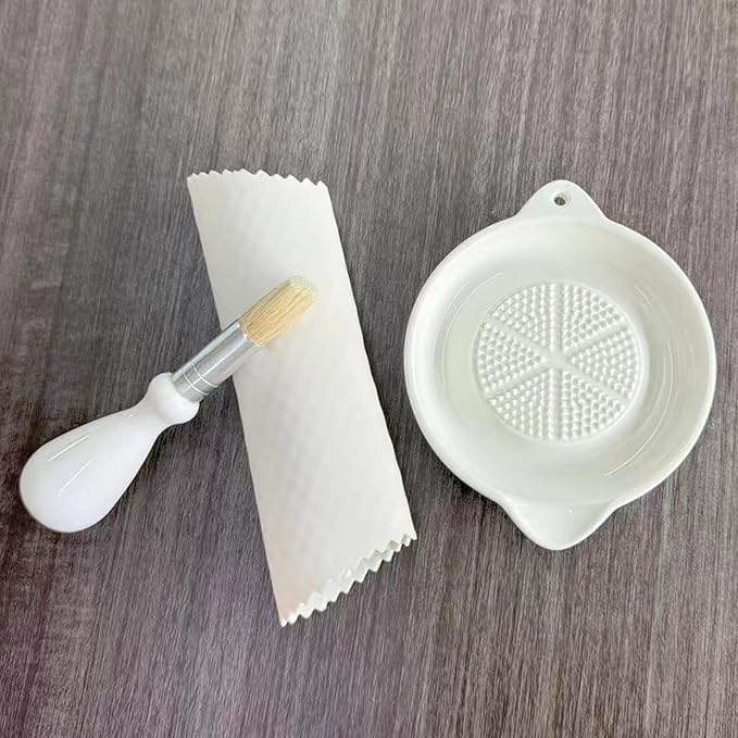 Ceramic Grater Plate for Ginger, Garlic, Onion, Cheese, Lemon, Chocolate, Vegetables and Fruits in Kitchen, White Garlic Grater with Peeler and Brush, Small