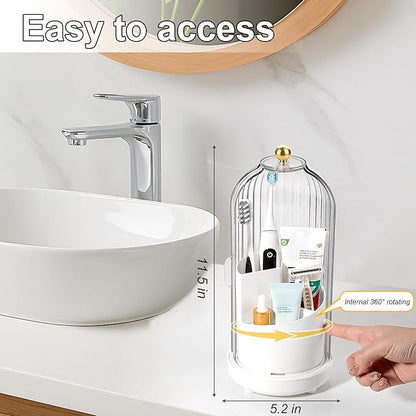 Rotating Toothbrush Holders with Cover, Dustproof Toothbrush Holder with Sliding Lid Electric Tooth Brush and Toothpaste Organizer for Bathroom, Makeup Brush Holder for Vanity, White
