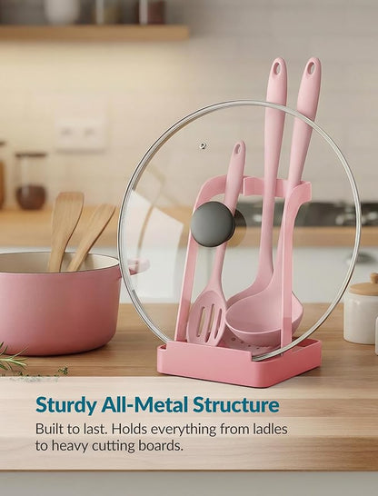 NiHome Kitchen Utensil Holder for Pot Lids & Spoons Pink Kitchen Accessories with White Diatomite Drip Tray, Non-Slip Base, Metal Cooking Spoon Rest, 3.9"x3.9"x6" Countertop Organizer (Pink) - Image 5