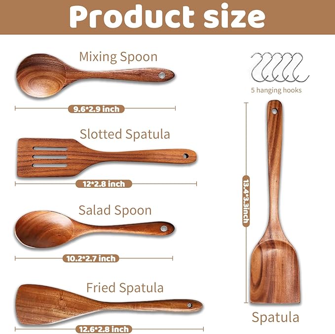 5 PCs Teak Wooden Utensil Set with Hooks, Wooden Spoons for Cooking, Wood Cooking Utensils Set, Comfort Grip, Non Stick Cookware, Easy to Clean, Kitchen Stuff, Wood Spatula - Image 5