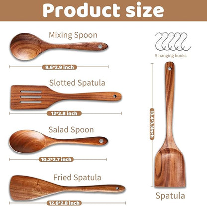 5 PCs Teak Wooden Utensil Set with Hooks, Wooden Spoons for Cooking, Wood Cooking Utensils Set, Comfort Grip, Non Stick Cookware, Easy to Clean, Kitchen Stuff, Wood Spatula - Image 5