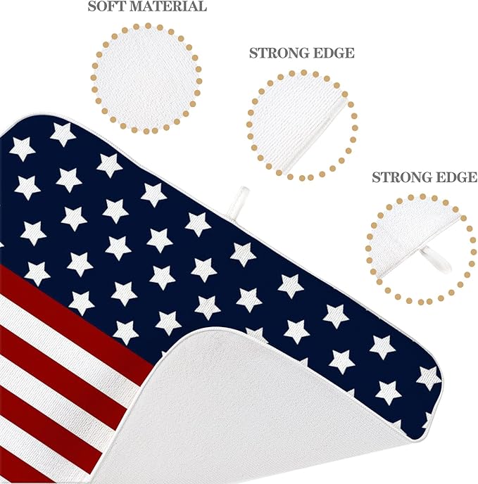 4th of July Dish Drying Mat 18 x 24 Inch Patriotic Red Stripe Navy Blue Stars Drying Mat for Kitchen Counter Absorbent Independence Day Memorial Day Dishes Dry Pad for Drainer Rack Kitchen Fast Dry