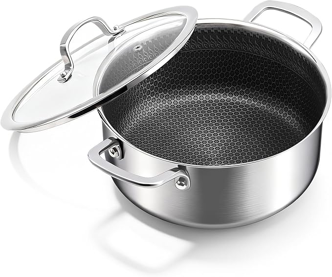 4.6 Qt Stainless Steel Stock Pot with Lid, 3-Ply 18/10 Hybrid Honeycomb Nonstick Soup Pot, 9.4 Inch Induction Pasta Pot for Simmering, Boiling & Stewing