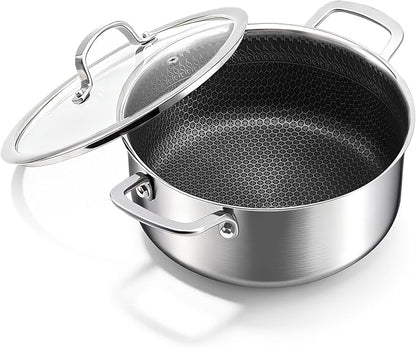 4.6 Qt Stainless Steel Stock Pot with Lid, 3-Ply 18/10 Hybrid Honeycomb Nonstick Soup Pot, 9.4 Inch Induction Pasta Pot for Simmering, Boiling & Stewing