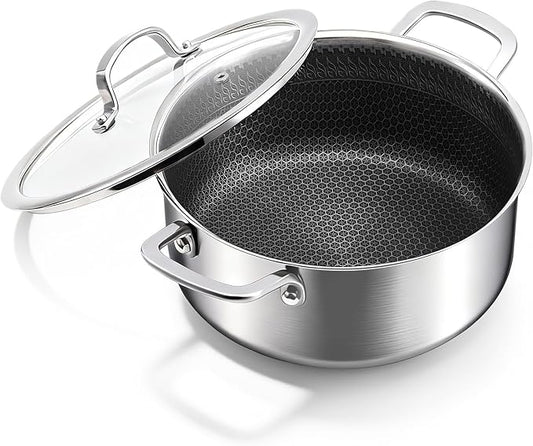 4.6 Qt Stainless Steel Stock Pot with Lid, 3-Ply 18/10 Hybrid Honeycomb Nonstick Soup Pot, 9.4 Inch Induction Pasta Pot for Simmering, Boiling & Stewing