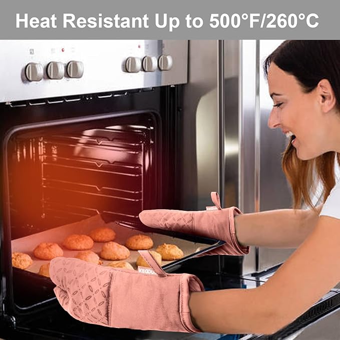 KEGOUU Oven Mitts and Pot Holders 6pcs Set, Kitchen Oven Glove High Heat Resistant 500 Degree Extra Long Oven Mitts and Potholder with Non-Slip Silicone Surface for Cooking (Pink) - Image 6
