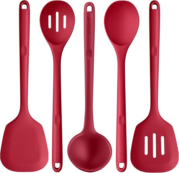 Silicone Kitchen Cooking Utensil Set: U-Taste High Heat Resistant 13.6in Long Kitchen Gadgets, BPA Free Non Stick Rubber Cook Accessories For Stir Frying, Serving, Basting, Mixing (5 Pieces, Red) by U-Taste