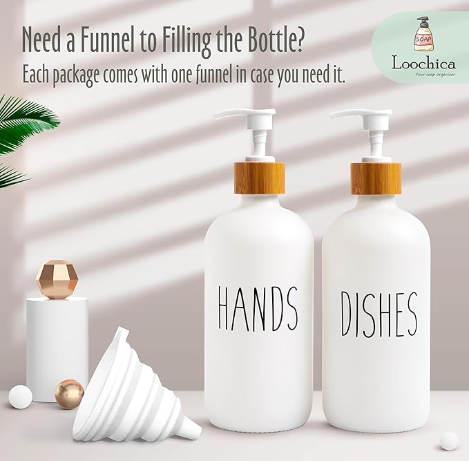 LOOCHICA 2 Pack White Glass Soap Dispenser Set for Kitchen Sink, Hand and Dish Soap, Matte White Finish, Rustic Decor - Image 4