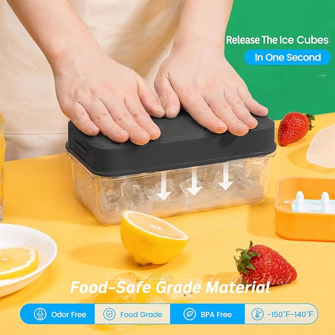 Ice Cube Tray with Lid and Bin, PHINOX 56 pcs Ice Trays for Freezer, Ice Cube Trays for Freezer with 2 trays, Container, Lid & Ice Scoop, BPA Free, Black - Image 2