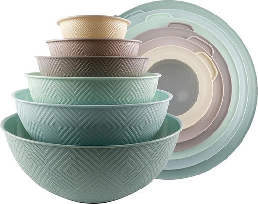 COOK WITH COLOR Mixing Bowls with Lids - 12 Piece Plastic Nesting Bowls Set includes 6 Prep Bowls and 6 Lids, Microwave Safe Mixing Bowl Set, Mint Rhombus by CookwithColor