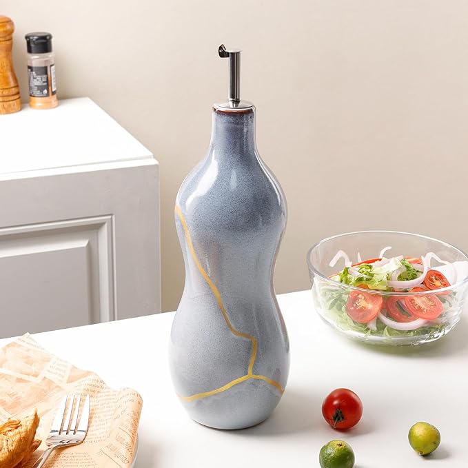 BosilunLife Ceramic Olive Oil Dispenser Bottle, 14 Oz Oil Cruet with Elegant Gold Accent & Curved Ergonomic Design, Non‑Drip Vinegar Bottle for Kitchen & Dining, Light Blue